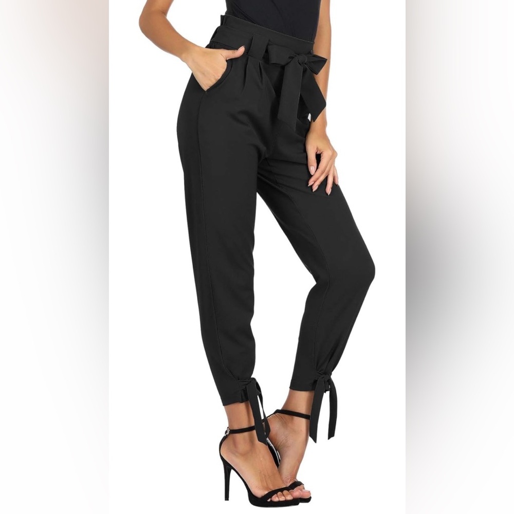 Grace Karin Black Silk Cropped Tie-Hem Pants Size XL